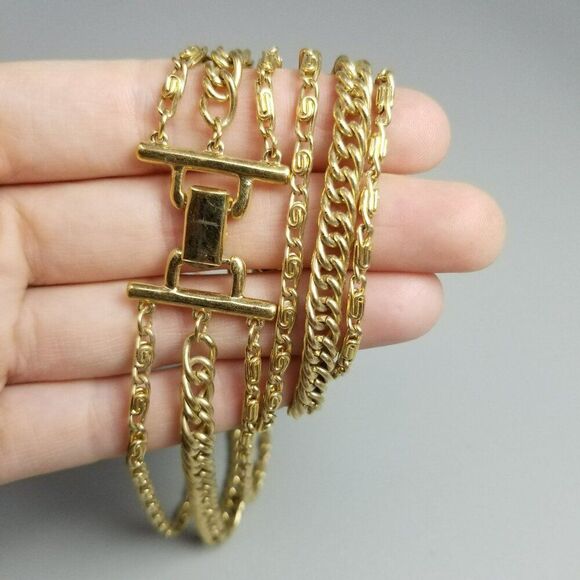 Vintage Three Strand Gold Tone Long Chain Necklace, Snail Links, 24 Inches Long - Picture 2 of 6